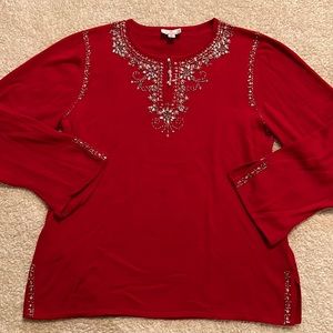 Quacker Factory long sleeve shirt sweater size large Christmas red bling pearls